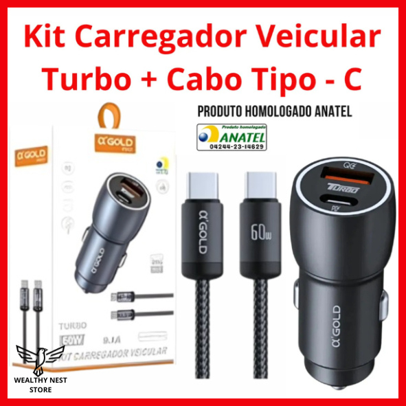 Kit Carregador Veícular Turbo 60W Com Entrada PD + USB-C Cabo Tipo-C/Tipo-C Para Android e iPhone em Oferta na Shopee