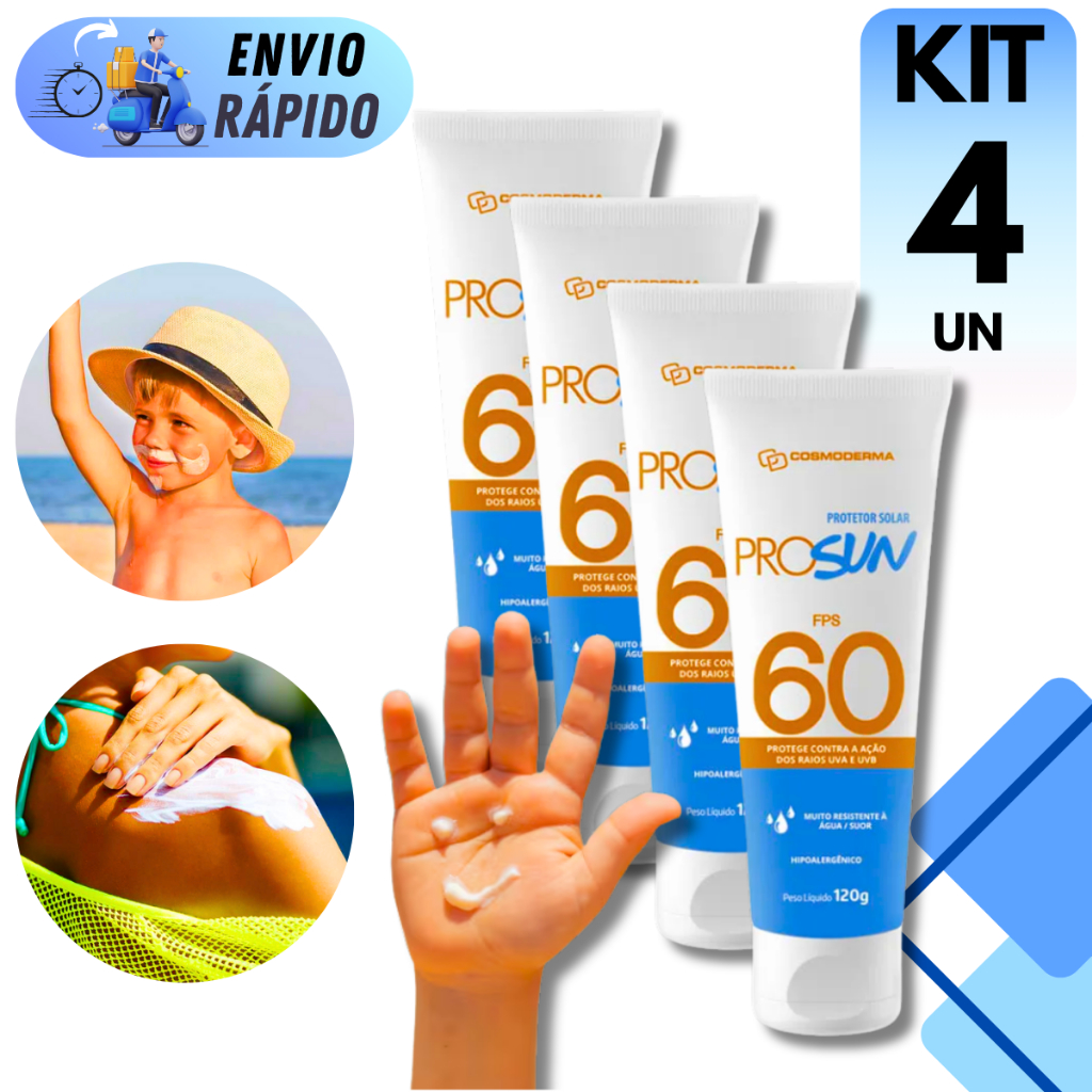 KIT 2 A 4 UNIDADES PROTETOR SOLAR FPS 60 120g CORPORAL FACIAL NÃO OLEOSO COM OIL FREE RESISTENTE A ÁGUA
