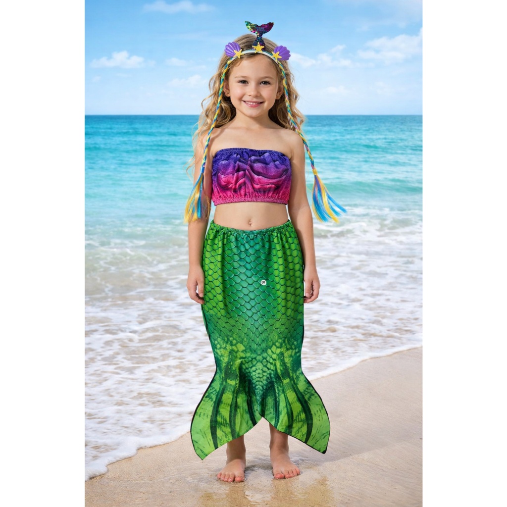 Fantasia Infantil Sereia Completa – Saia Cauda + Blusinha + Tiara