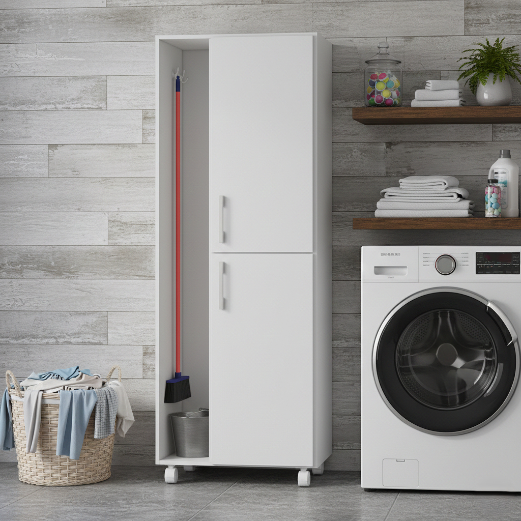 Armário com 2 Portas, Rodízios, Prateleiras Internas e Porta Vassouras – Organizador p/ Lavanderia em Oferta na Shopee