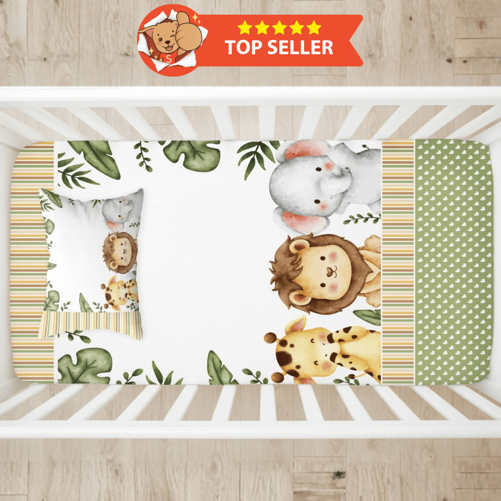 Lençol Berço Safari 2 Peças (Lençol Estampado + Fronha Estampada) Decoração, Quarto, Baby, Infantil
