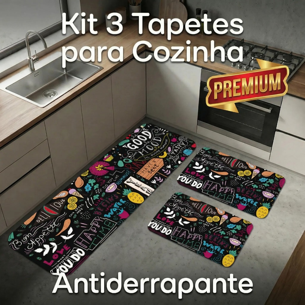 Kit de 3 Tapetes para Cozinha Good Mood Antiderrapante DcoreAqui em Oferta na Shopee