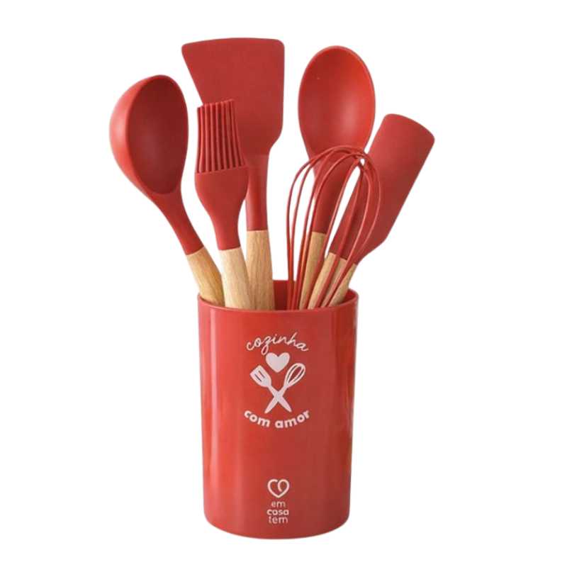 Kit Utensílios de Cozinha Silicone Vermelho com Cabos de Madeira e Porta-Utensílios