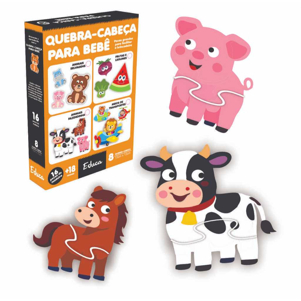 Brinquedo Educativo Quebra-Cabeça Fazendinha 2 Partes Madeira para Bebê Montessori