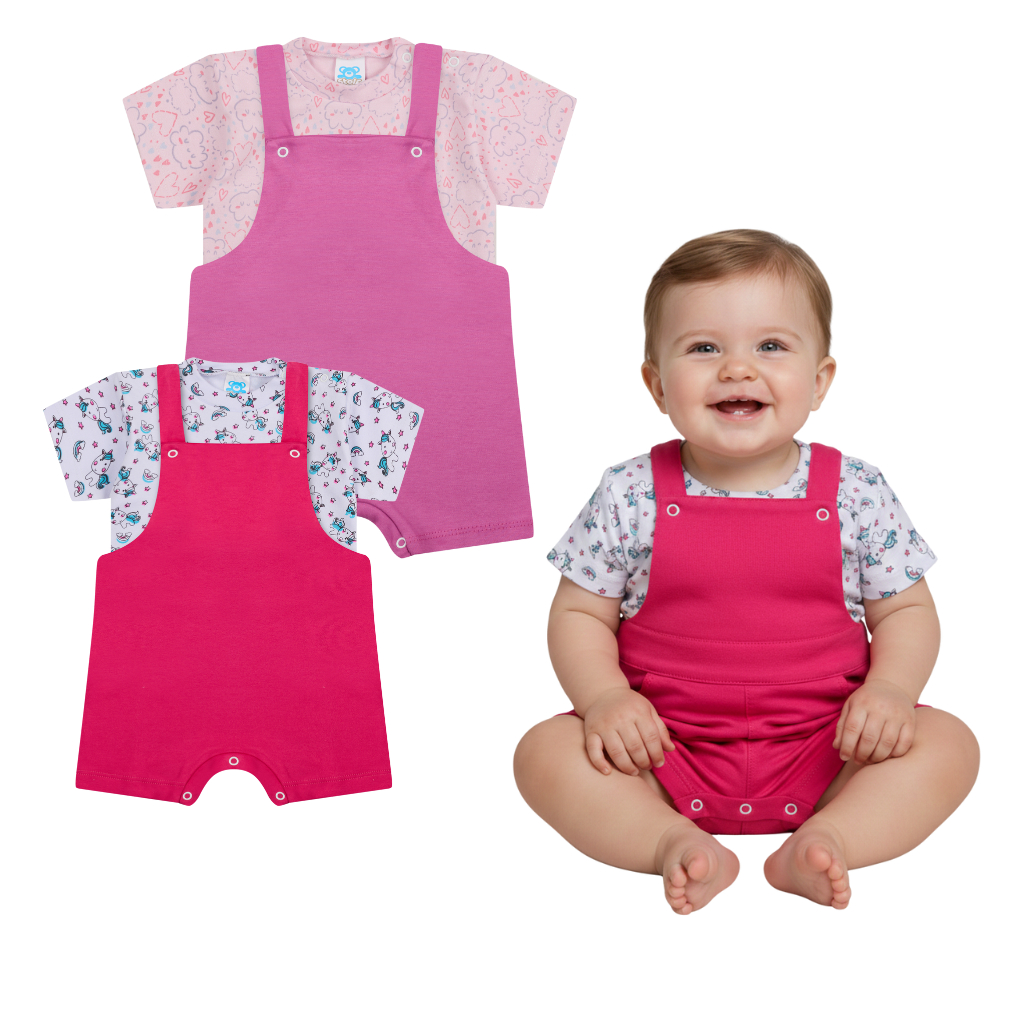 Kit Conjunto Bebe 4 Peças Menina Roupa de Bebe Jardineira e Blusa de Manguinha Infantil do RN ao 2
