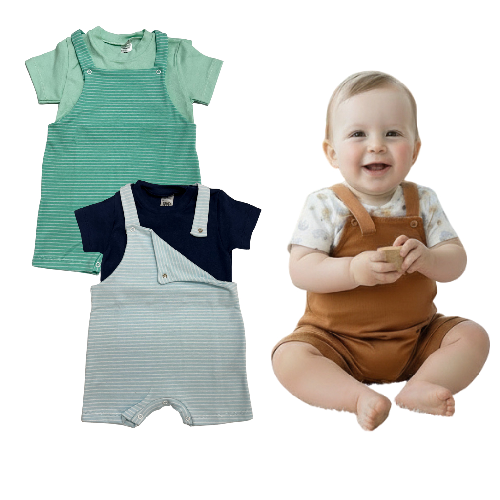 Kit Conjunto Bebe 4 Peças Menino Roupa de Bebe Jardineira e Blusa de Manguinha Infantil do RN ao 2