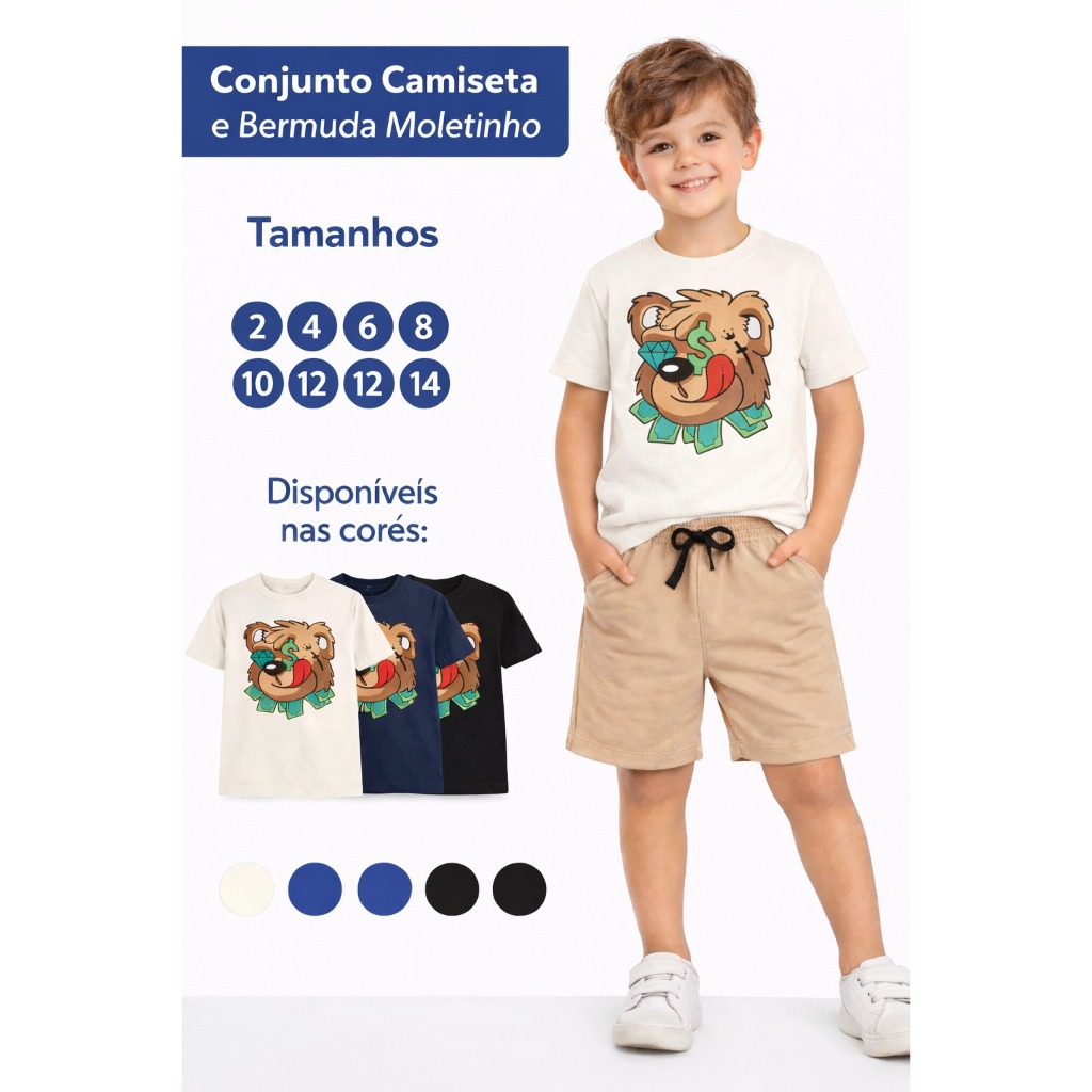 Conjunto Infantil Menino Estampado Camiseta e Bermuda Bege Algodão Lançamento Tendência 2026