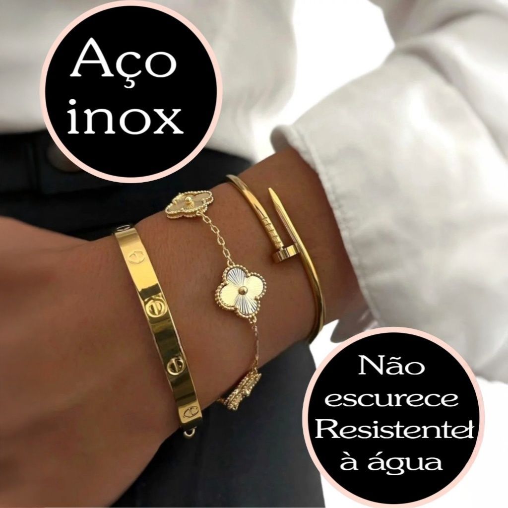 Conjunto 3 Braceletes Aço inoxidável Dourado Acessórios Femininos Virginia Moda KIT Pulseira em Oferta na Shopee