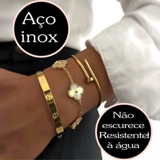 Conjunto 3 Braceletes Aço inoxidável Dourado Acessórios Femininos Virginia Moda KIT Pulseira em Oferta na Shopee