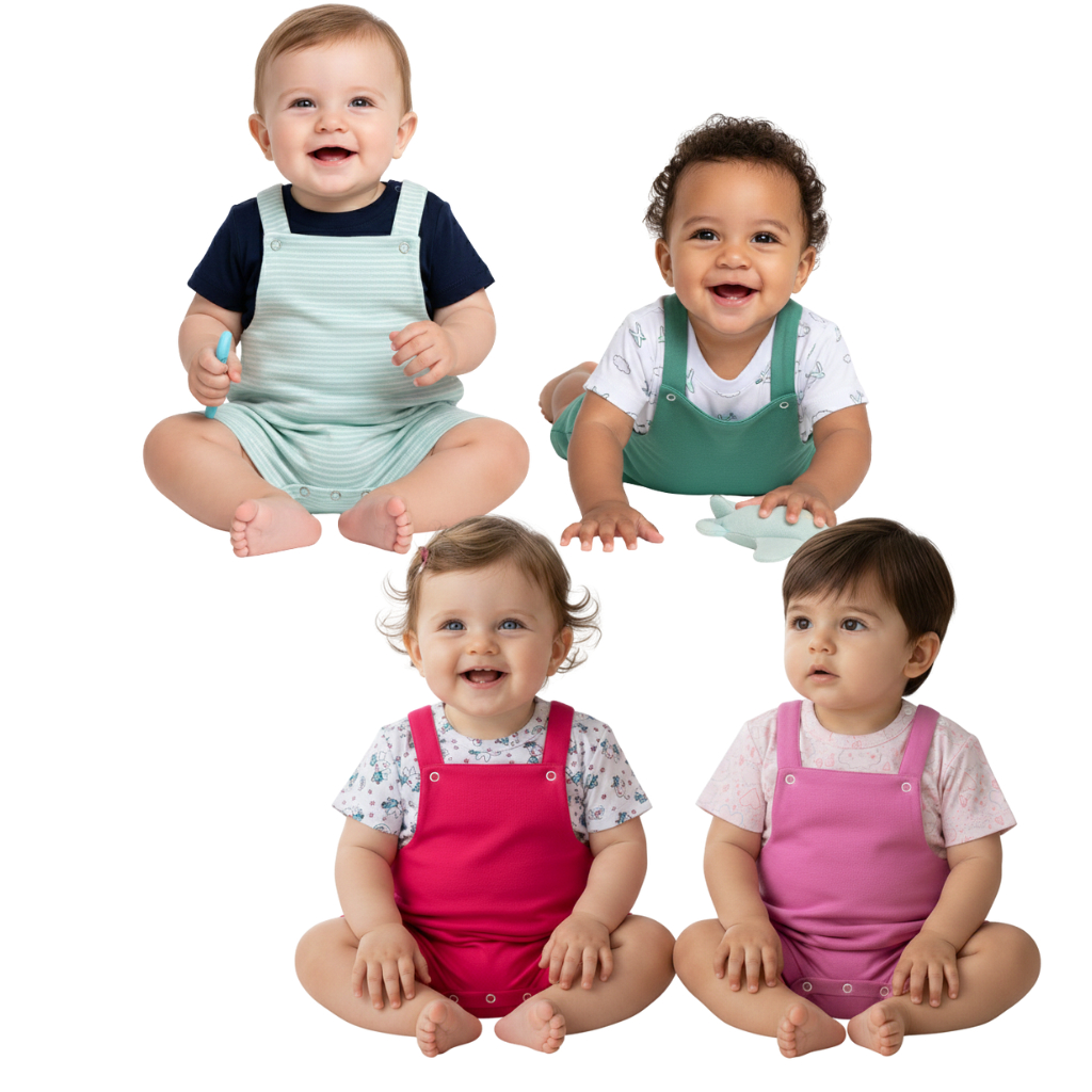 Kit Conjunto 4 Peças Roupa de Bebê Jardineira e Blusa Manga Curta Menino e Menina Tamanhos RN ao 2