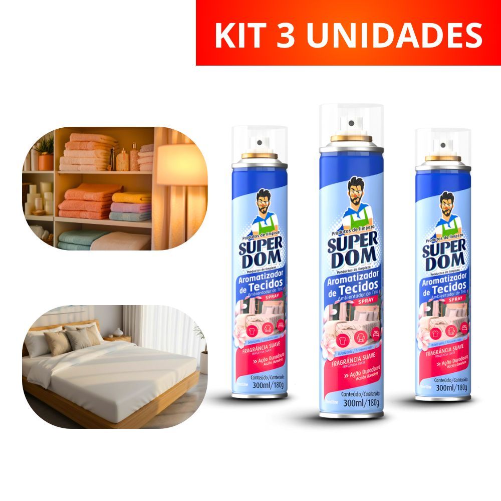Kit 3 Spray Aromatizador Tecido Super Dom 300ml Lavanda Cedro Roupa Sofá