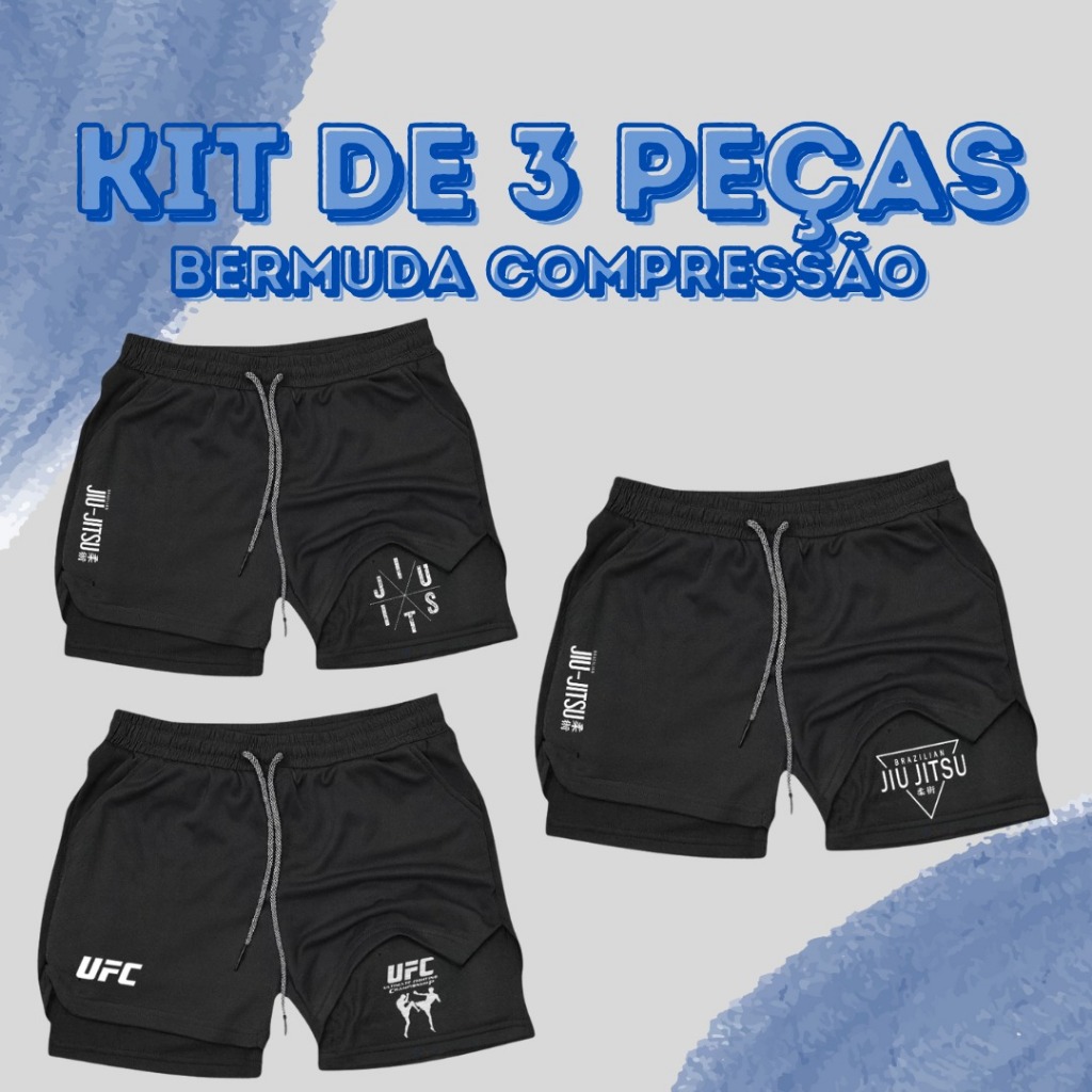 KIT 3 Bermudas De Compressão 2 Em 1 Dry Fit Com Elastano UFC + JIUJITSU Ideal Para Treinos, Academia em Oferta na Shopee