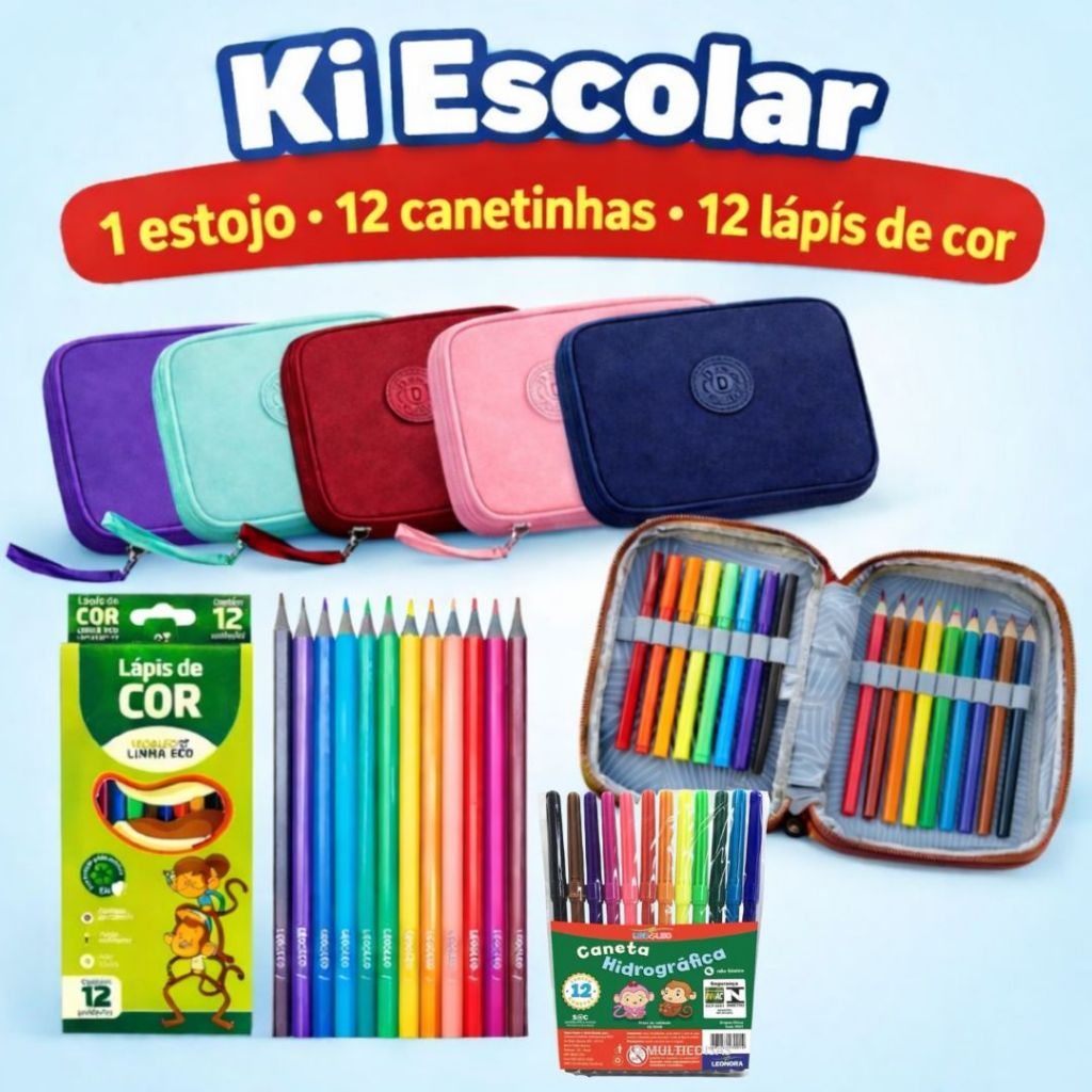 Kit Escolar Estojo Grande 2 Divisórias + Canetinha 12 cores + Lápis de cor 12 Cores Volta as Aulas em Oferta na Shopee