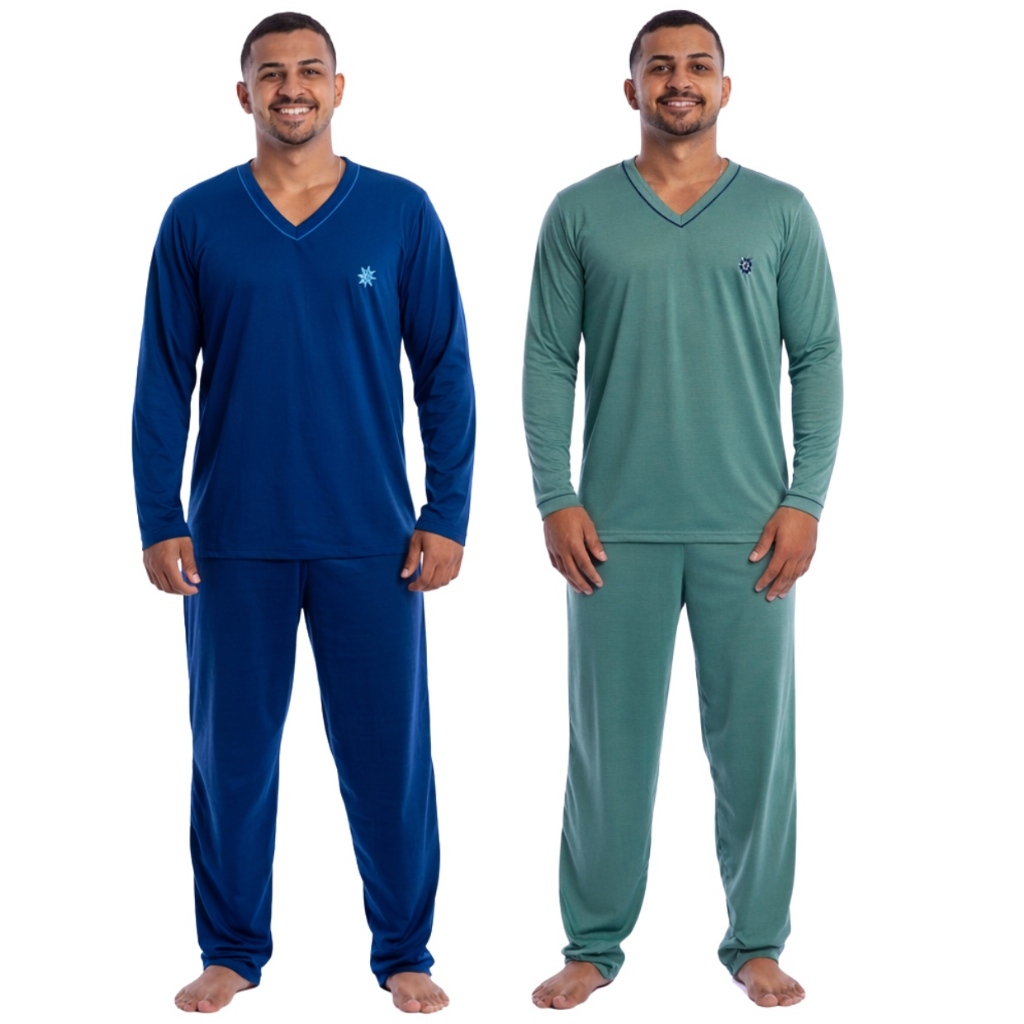 Kit com 2 Pijamas Masculino Inverno Manga Longa com Calça em Malha de Qualidade Cores Sortidas
