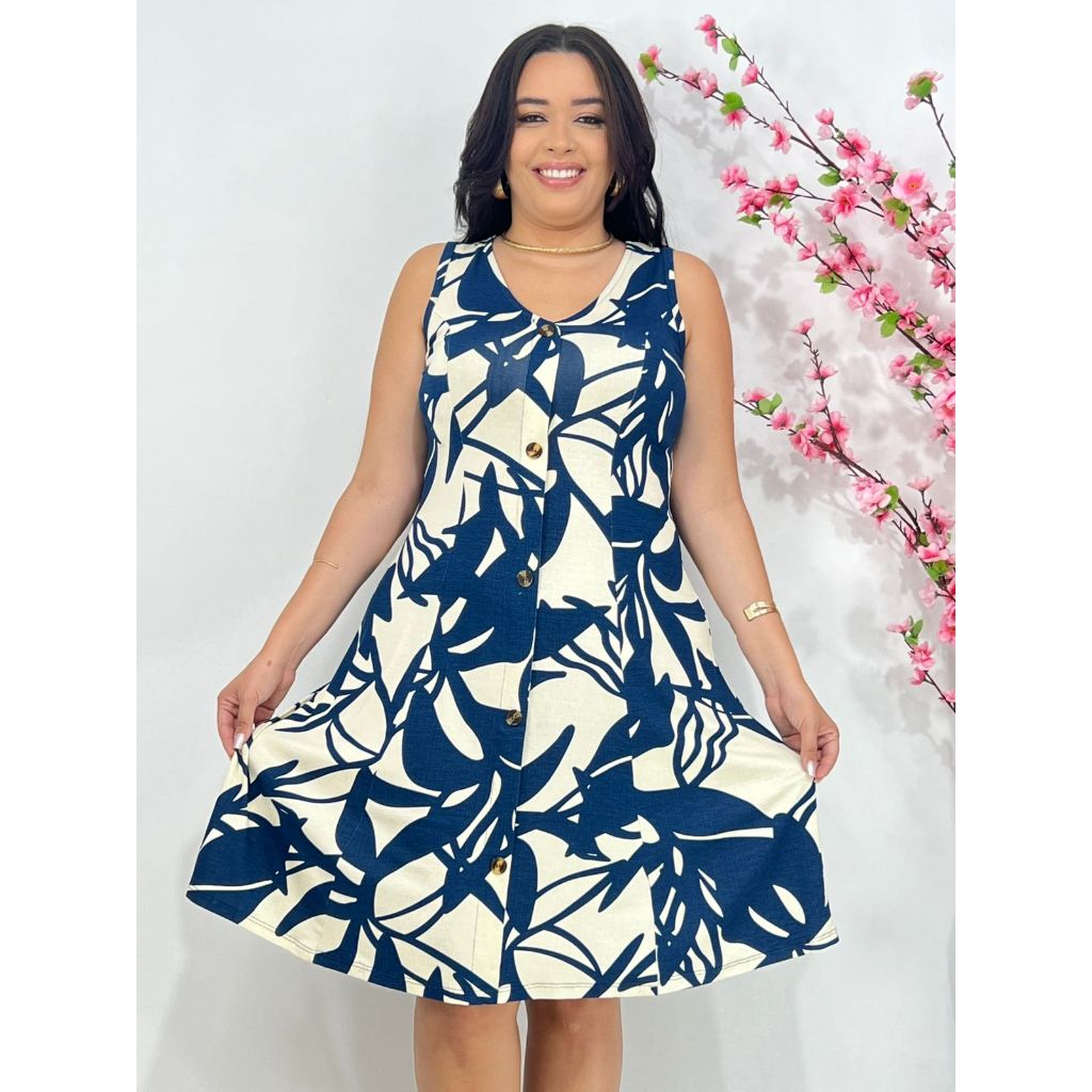 Vestido Feminino Plus Size 2180 Estampado Longo com Botões Frontais Funcionais e Alças Largas - Tecido VISCOLYCRA - Vári