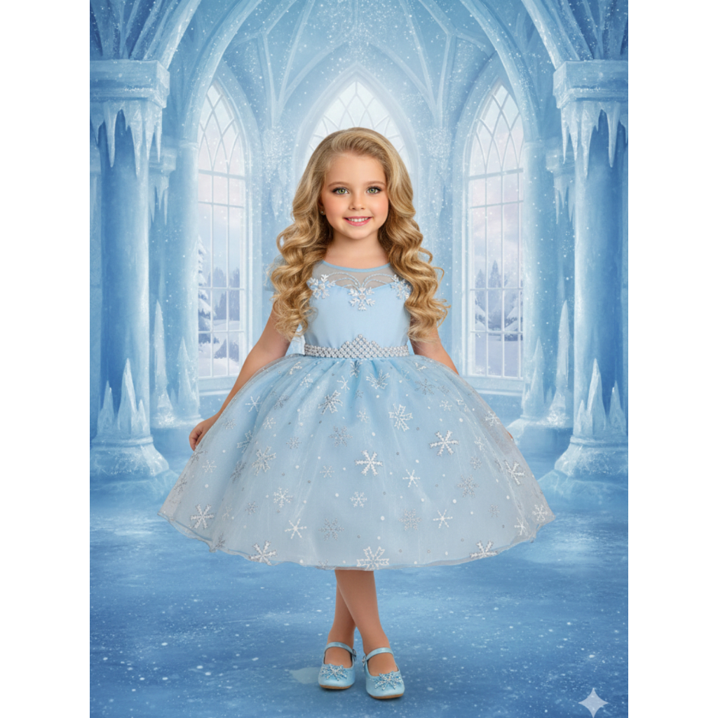 Vestido Infantil Festa Frozen Elsa Azul com Capa Princesa Tema Aniversário 1 a 12 anos