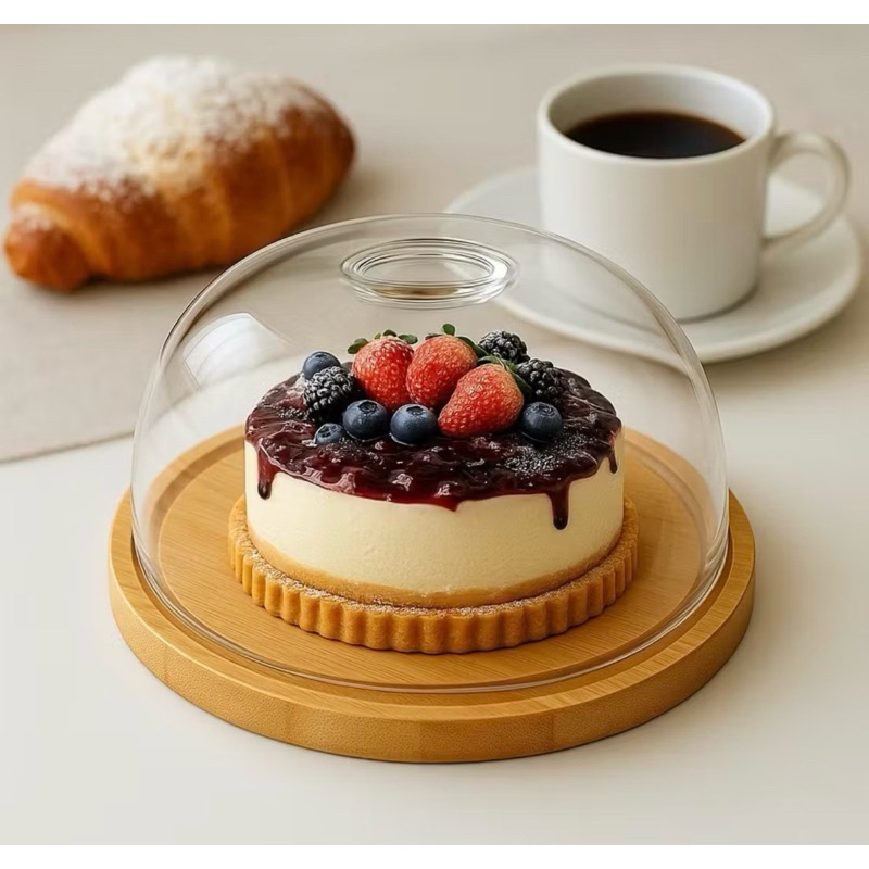 Porta Queijo Bolo Queijeira Redonda 20cm x 20cm Acrílico Bandeja Bambu Queijo Bolos Sobremesas