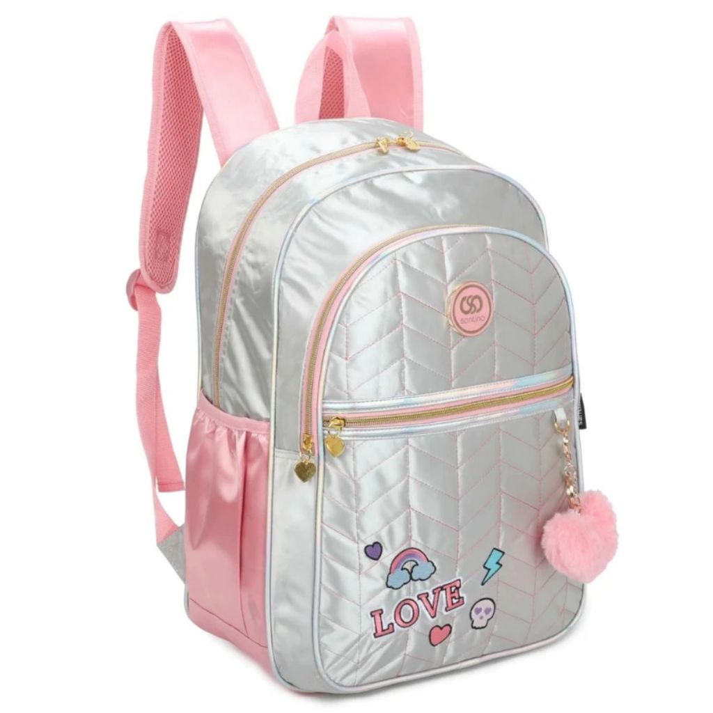 Mochila Escolar para Menina Holográfica Rosa com Bolso Sweet Girl Dream