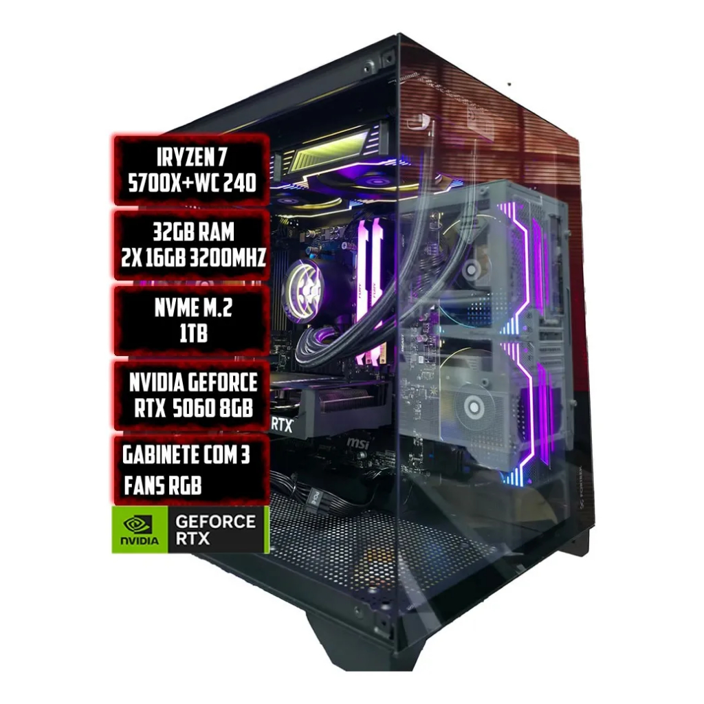 PC GAMER ZYN RYZEN 7 5700X, 32GB RAM DDR4, NVME 1TB, NVIDIA RTX 5060 8GB, WI-FI, GABINETE 3 FANS