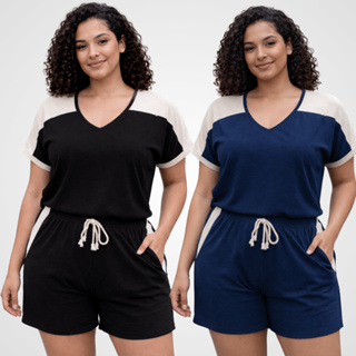 Conjunto Feminino Blusa Gola V Short Cintura Elástica Cordão Bolso Lateral Bicolor Confortável Casual Verão em Oferta na Shopee