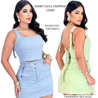 CONJUNTO  FEMININO DE SHORT SAIA E CROPPED + CINTO + ALÇA  COM REGULAÇAO + BOJO + LAÇO DE AMARRAR em Oferta na Shopee