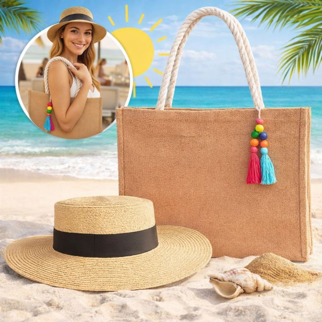 Bolsa de Praia Feminina Grande Espaçosa Com Alça de Corda + Chapéu Paris  Kit Verão - Envio Imediato em Oferta na Shopee