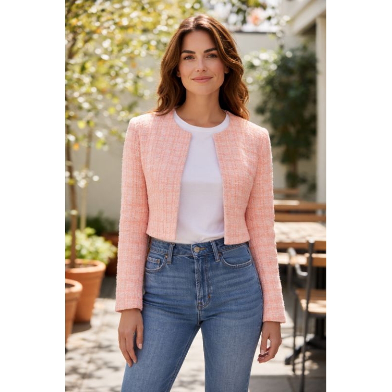 Blazer Feminino Forrado Cropped Curto Casaquinho Manga Longa Malha Tweed Algodão Casaqueto Bolero