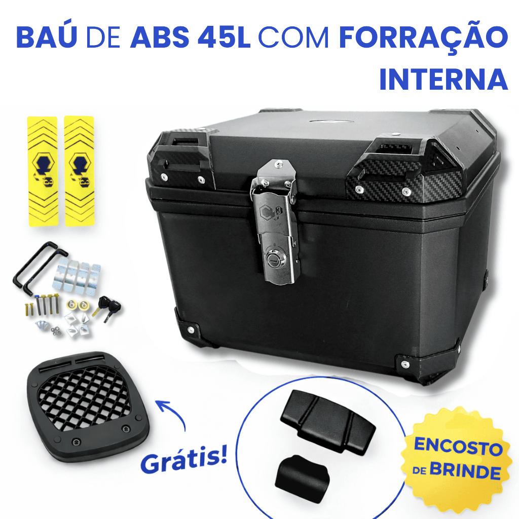 BAÚ BAULETO PLASTICO ABS TRASEIRO 45L UNIVERSAL PRETO FORRADO E ENCOSTO DE BRINDE