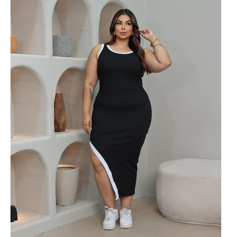 Vestido Feminino Plus Size Ribana Canelado Bicolor com Fenda Assimetrica em Oferta na Shopee