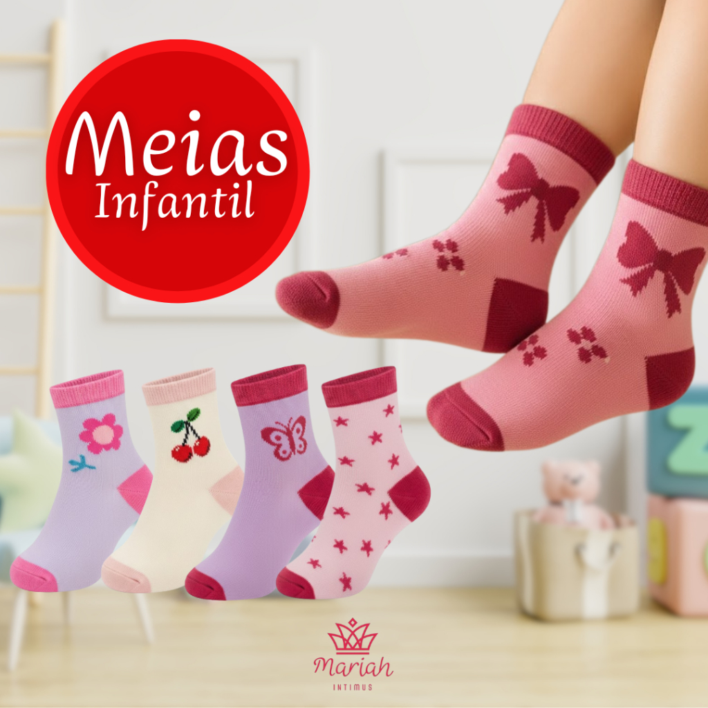Kit 12 ou 6 Pares Meia Infantil Cano Longo Feminina Sortida