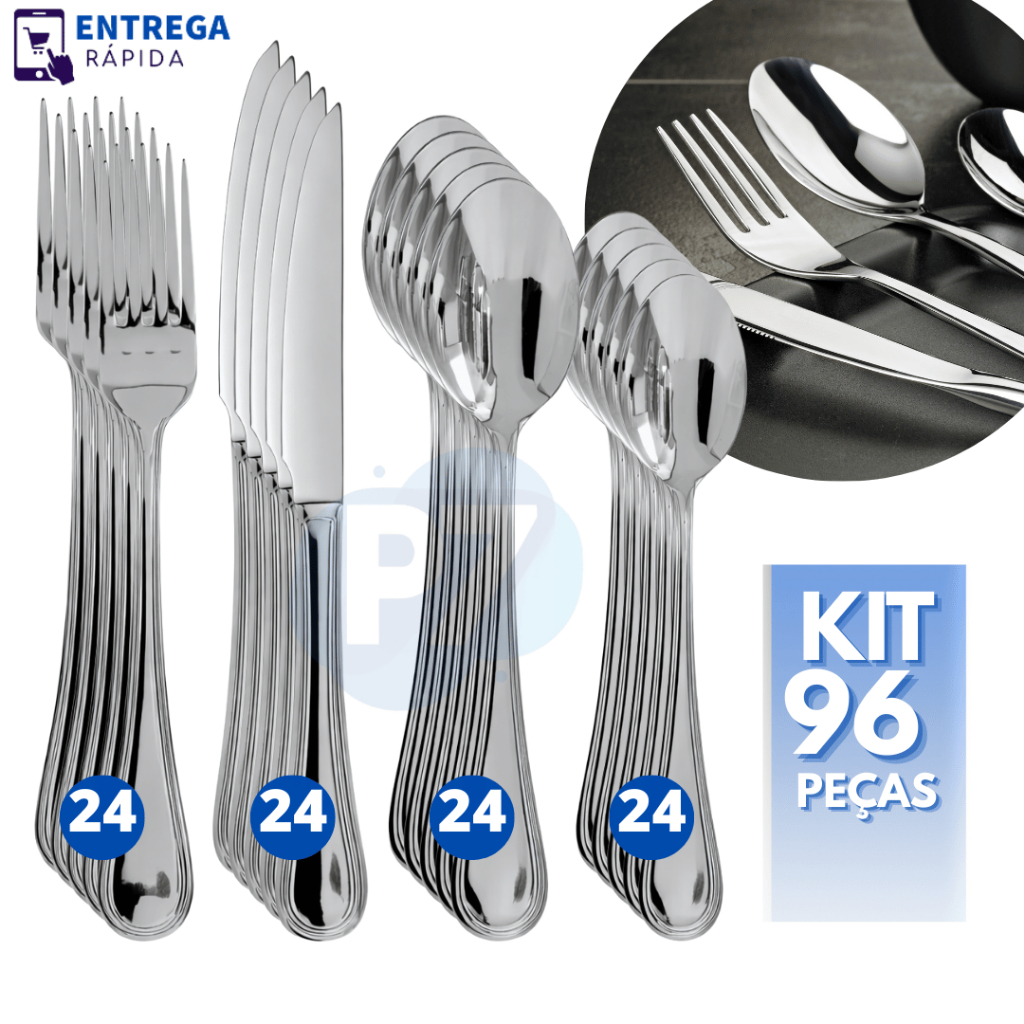 Kit 96 Talheres Aço Inox: 24 Colher De Mesa / Sopa 24 Garfo 24 Colher De Sobremesa 24 Faca Churrasco em Oferta na Shopee