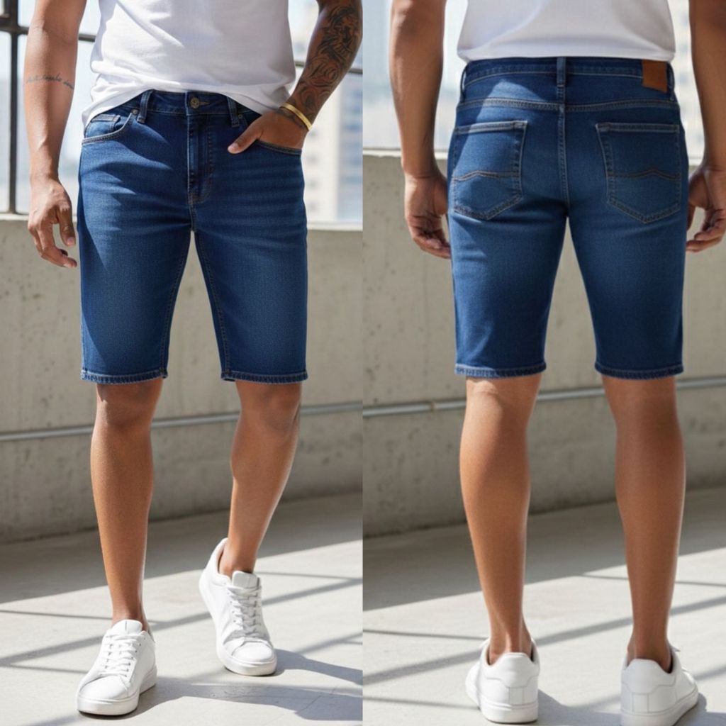 Bermuda Jeans Masculina Slim Estilo Casual  Confortável  Com Elastano - Jeans Azul Escuro