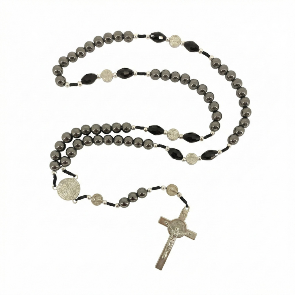 Terço Hematita São Bento Pai Nosso Crucifixo Metálico Contas Metal