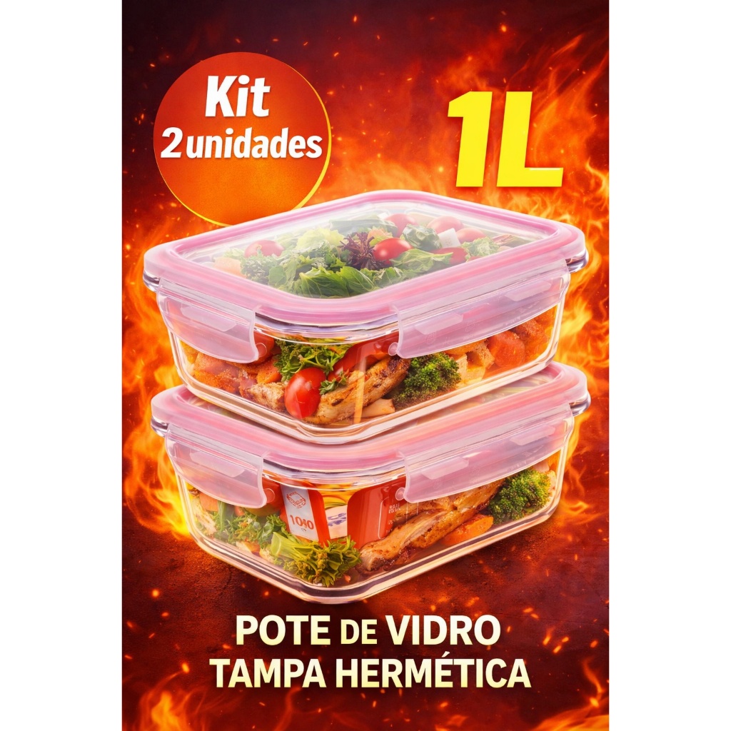 Kit 2 Potes de Vidro com Tampa Hermética 1L Porta Frios Organizador Alimentos Cozinha Invicta