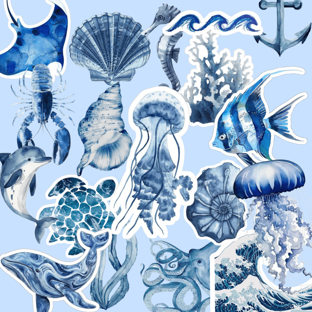 20 Adesivos Oceano Azul Aesthetic Decoração Journal Garrafa Caderno Kindle