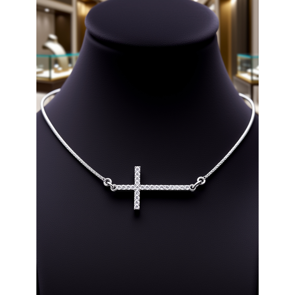 Colar cruz horizontal folheado a prata 925 com pedras, dupla camada de verniz e toque hipoalergênico em Oferta na Shopee