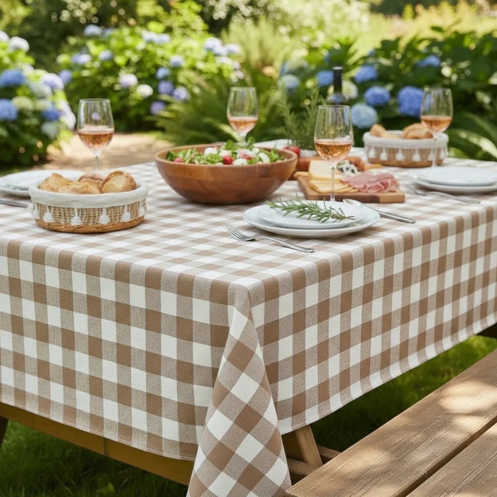 Toalha de Mesa Oxford Xadrez 8 Lugares Retangular 2,50m x 1,45m Piquenique Fio Tinto - Avelã em Oferta na Shopee