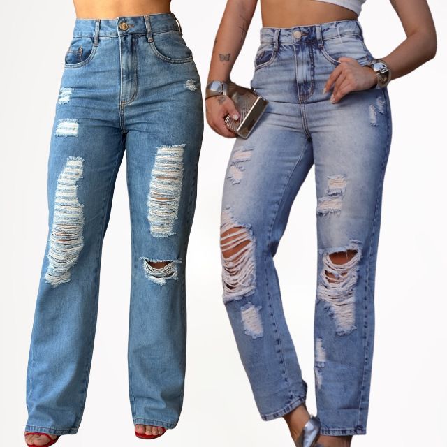 1580 - Calça Jeans Feminina Mom Reta Cintura Alta Destroyed 100% Algodão