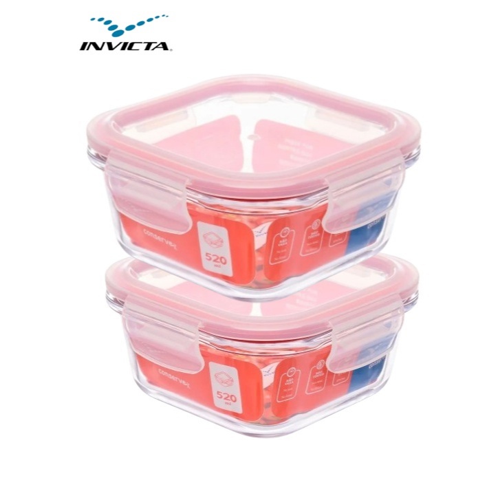 Kit 2 Potes de Vidro com Tampa Hermética 520mL Porta Frios Organizador Alimentos Cozinha Invicta