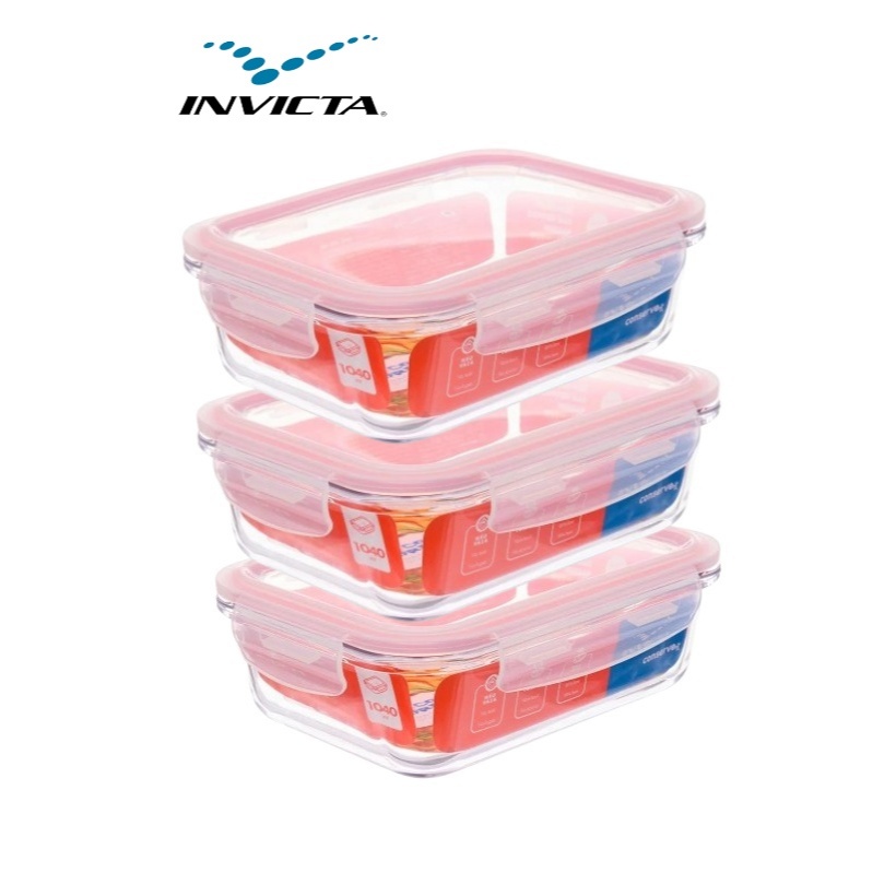 Kit 3 Potes de Vidro com Tampa Hermética 1L Porta Frios Organizador Alimentos Cozinha Invicta