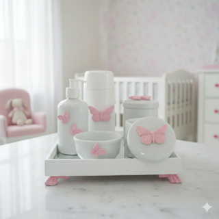 Kit Higiene Porcelana Bebê Borboletas Rosa Moderno K045 Banho Cuidados Limpeza em Oferta na Shopee