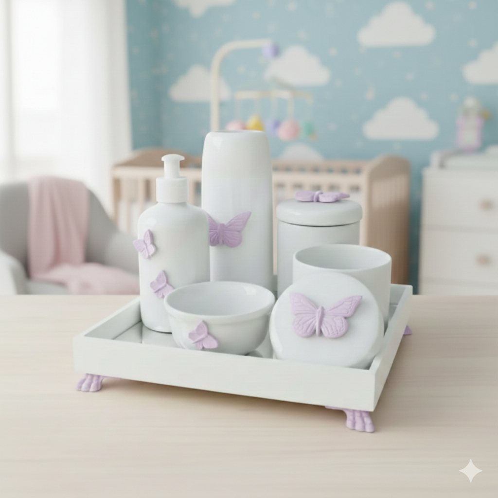 Kit Higiene Porcelana K045 Cuidados Banho Completo Borboletas Lilás Moderno Bebê Bandeja Térmica em Oferta na Shopee