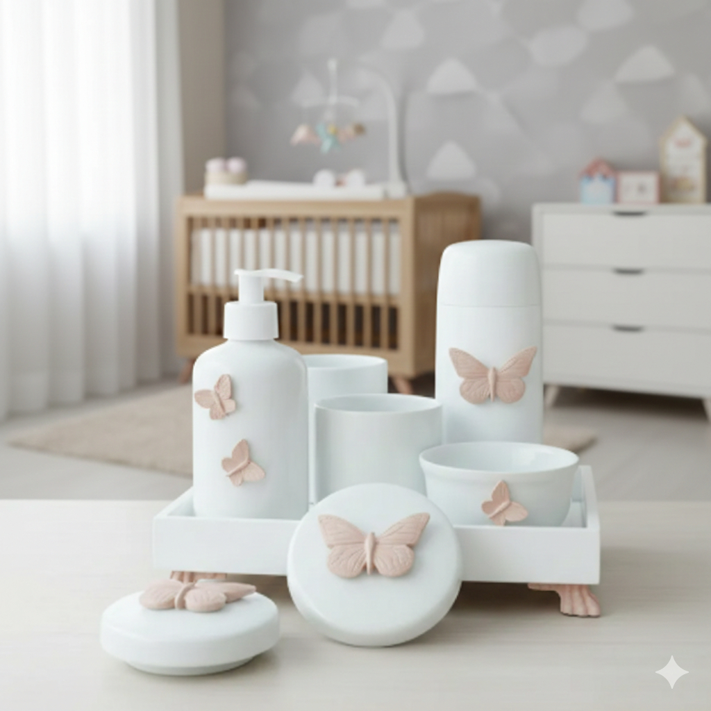 Kit Higiene Bebê K045 Borboletas Rose Porcelanas Mini Térmica Banho Cuidado Bancada Quarto Liquida
