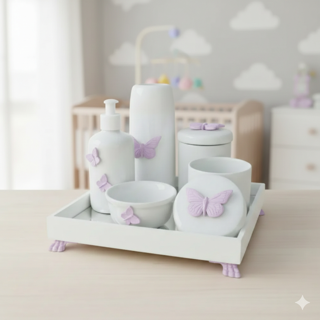 Kit Higiene Bebê Promoção K045 Borboletas Lilás Porcelanas Mini Térmica Banho Cuidado Bancada Quarto Liquida Promoção em Oferta na Shopee