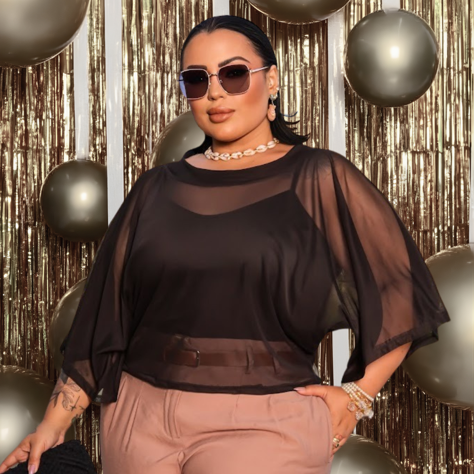 Conjunto Top & Blusa Tule Manga Morcego Plus Size GG / G1 - Elegância e Conforto em Preto e Marrom e marsala
