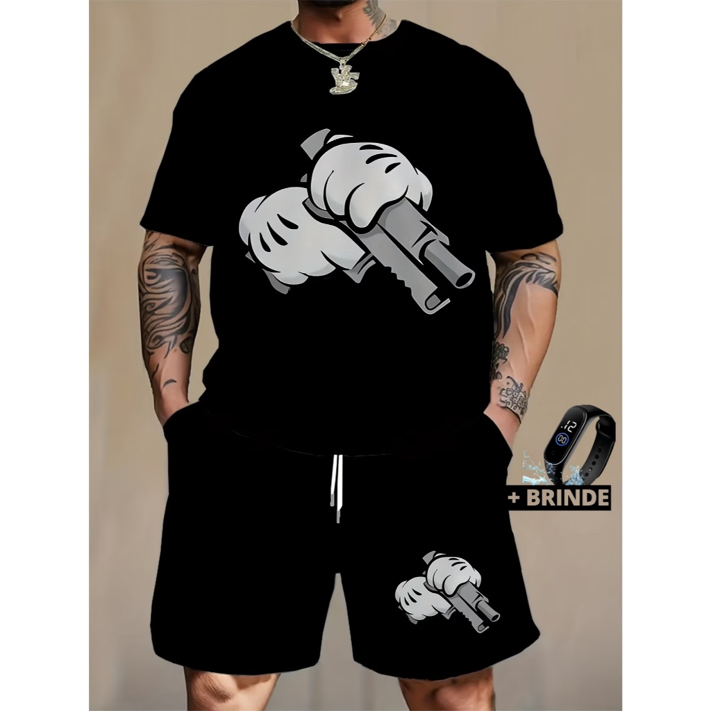 Conjunto camiseta algodão 100% e bermuda Mauricinho estampa mãos com arma  pistola estilo urbano + brinde relogio