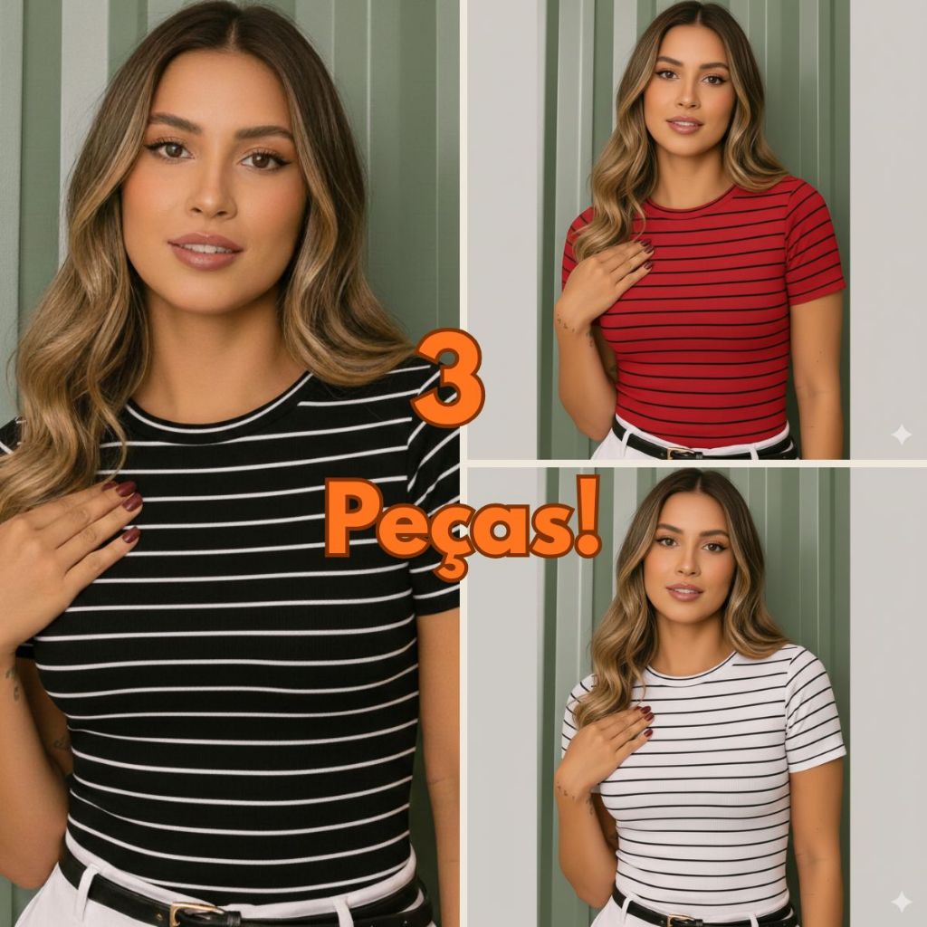 Kit 3 Blusa Feminina MANGA CURTA LISTRADA –Camiseta Baby look Estilosa Casual