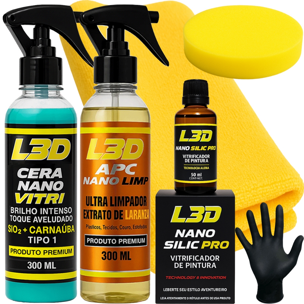 Cera Espelhamento NANO VITRI L3D, Vitrificador Silic Pró, Apc Nano limp, Brilho Intenso, Proteção