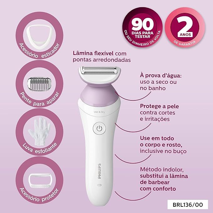 Aparador de Pelos Elétrico Philips Lady Shaver Series 6000 BRL136/00 À Prova d'água Bivolt - 4 Acessórios