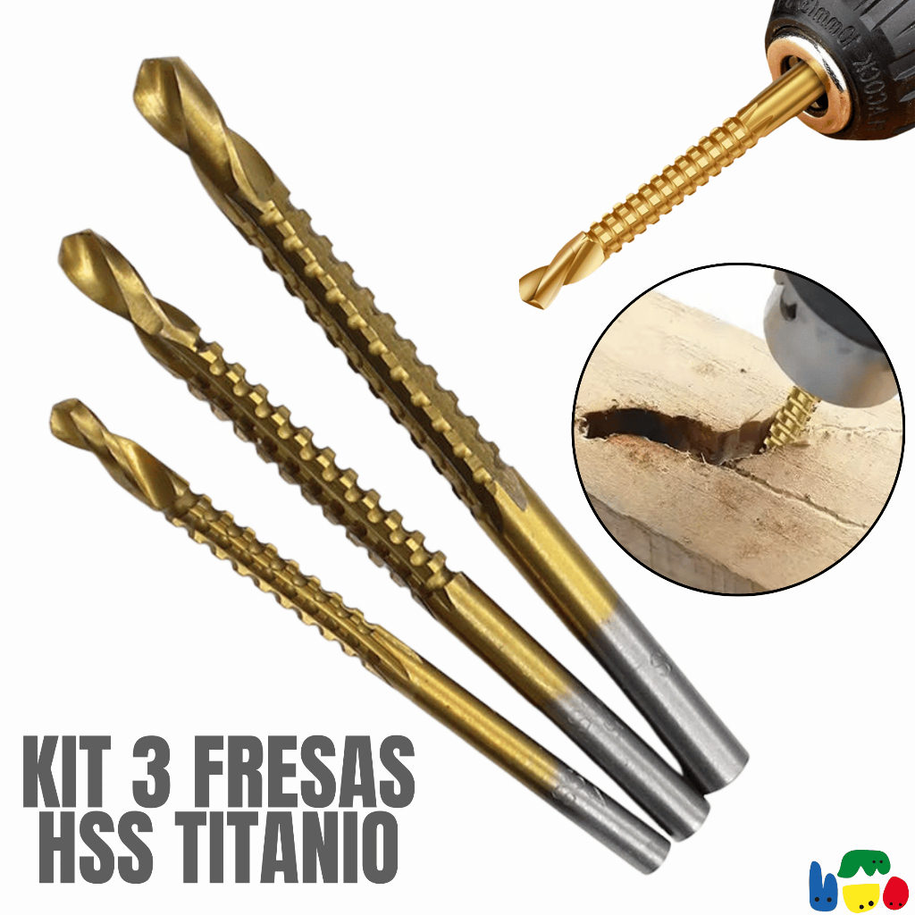 Kit 3 Brocas Corte Lateral HSS Espiral 4mm 6mm 8mm Alta Precisão e Durabilidade Revestimento TItânio